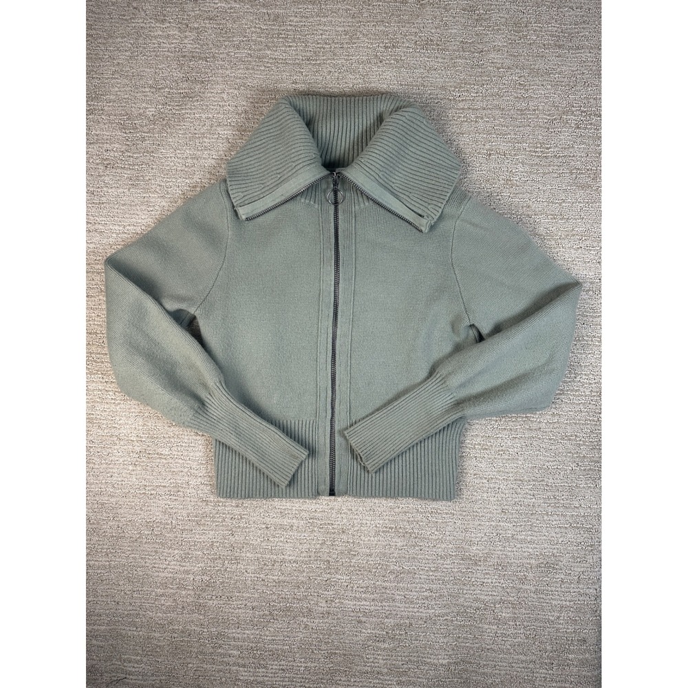 Zara Sage Green Full Zip High Neck Knit Cropped Sweater Small Ribbed Cuffs Ring‎